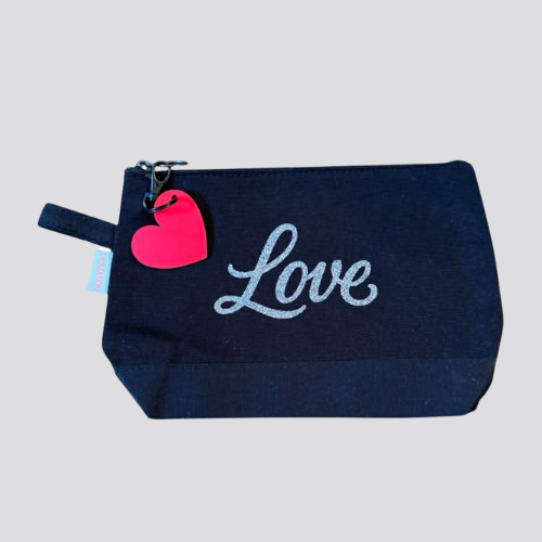 Black Pouch W/ Silver Lettering & Red Heart Charm