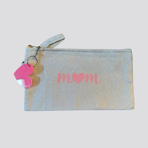 Silver Pouch w/ “Mom” in Pink & Pink Heart Charm